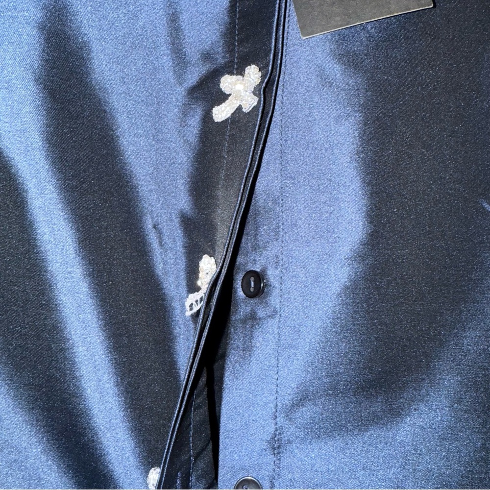 Emily Shalant Navy Taffeta Shirt Dress Crystal Bow Buttons Belted Midi Sz 0 - Picture 7 of 13